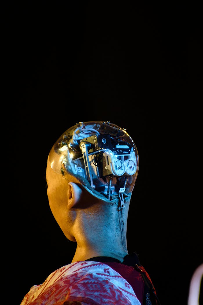 A close-up shot of a humanoid robots head showcasing advanced technology and robotics.